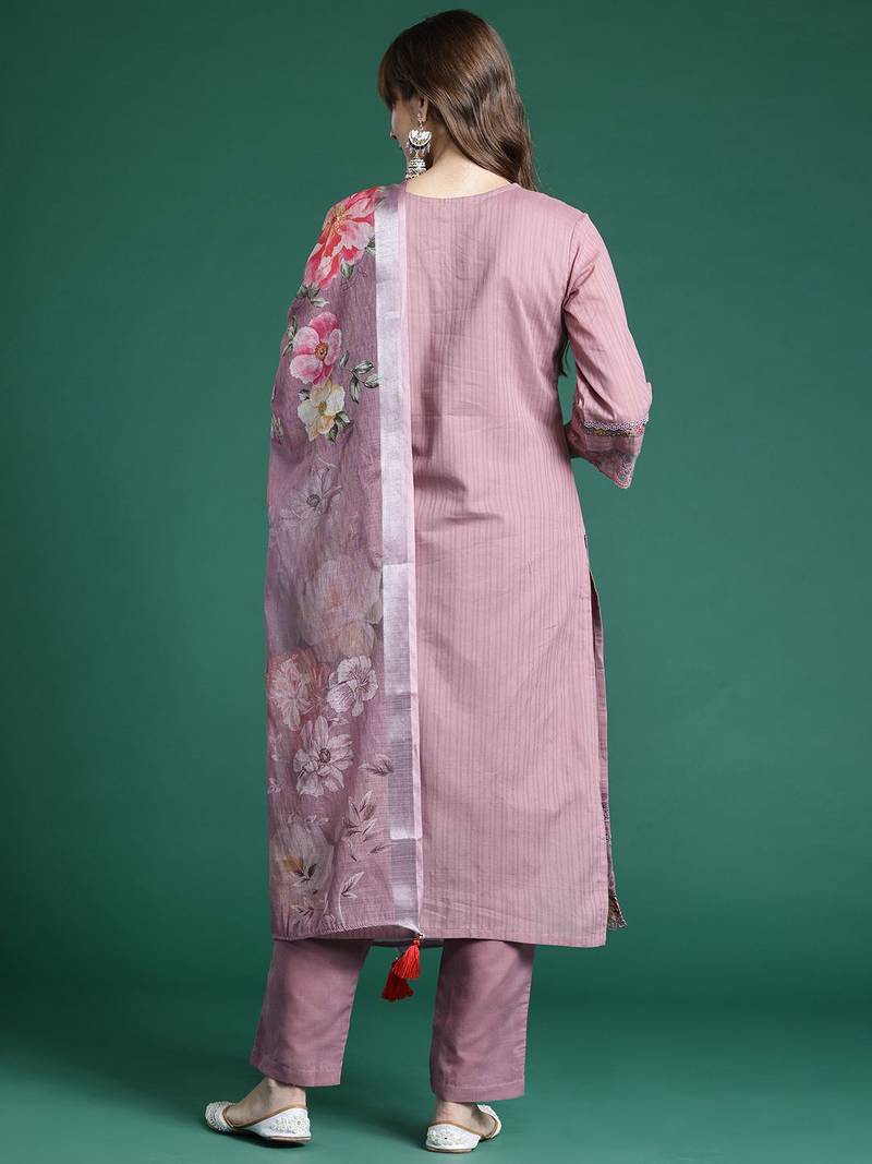 Floral Embroidered Thread Work Linen Kurta with Trousers & Dupatta