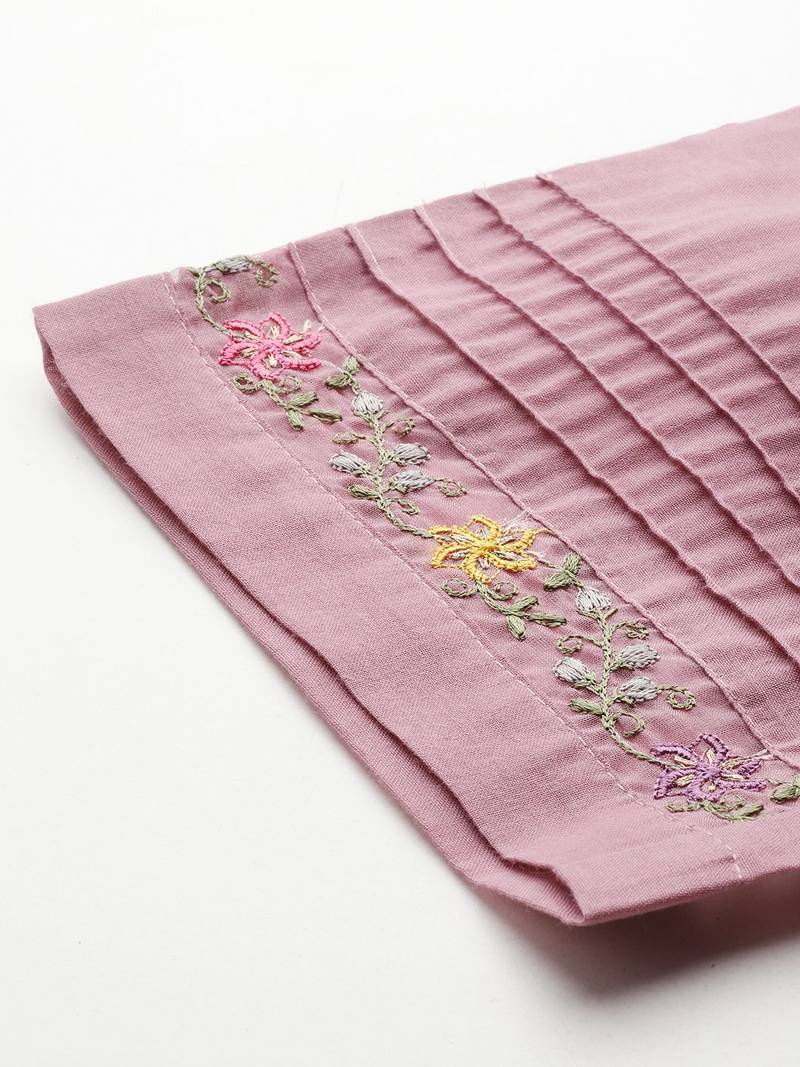 Floral Embroidered Thread Work Linen Kurta with Trousers & Dupatta
