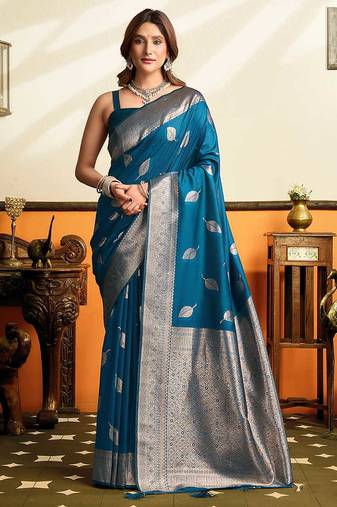 Teal blue silk blend saree with zari weaving & leaf motifs