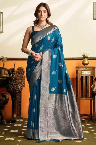 Teal blue silk blend saree with zari weaving & leaf motifs