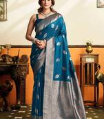 Teal blue silk blend saree with zari weaving & leaf motifs
