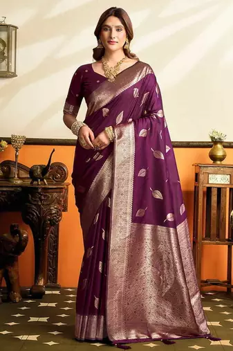 Dark purple silk blend saree with zari weaving & leaf motifs