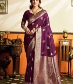 Dark purple silk blend saree with zari weaving & leaf motifs