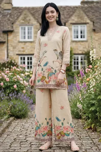 Women Floral Printed Regular Sequinned Linen Kurta with Palazzos