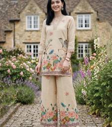 Women Floral Printed Regular Sequinned Linen Kurta with Palazzos