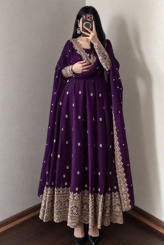 purple color sequin embroidery silk blend gown set