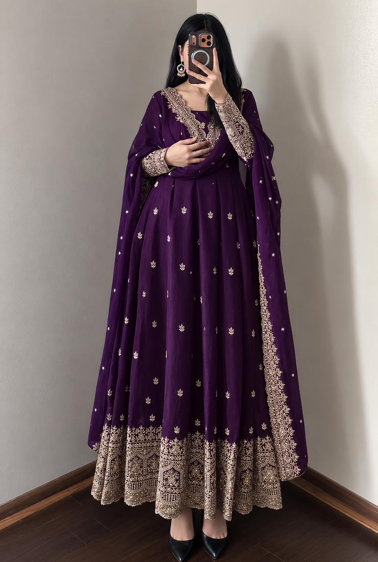 purple color sequin embroidery silk blend gown set