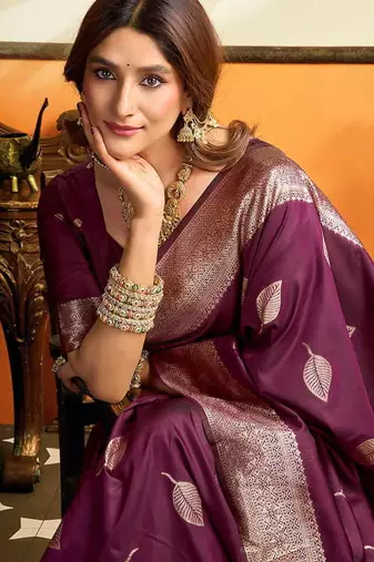 Dark purple silk blend saree with zari weaving & leaf motifs