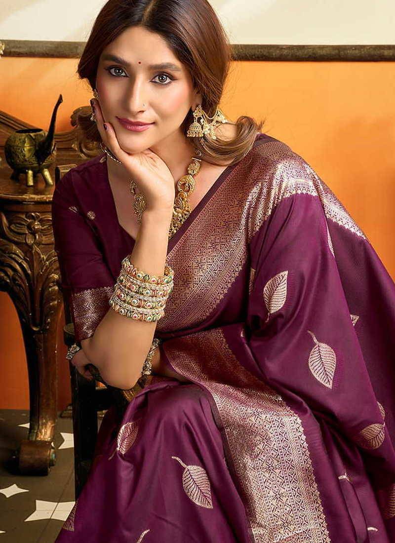 Dark purple silk blend saree with zari weaving & leaf motifs
