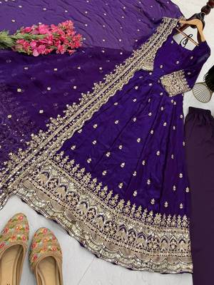 purple color sequin embroidery silk blend gown set 2