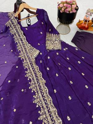 purple color sequin embroidery silk blend gown set 3