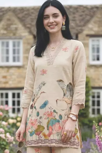 Women Floral Printed Regular Sequinned Linen Kurta with Palazzos