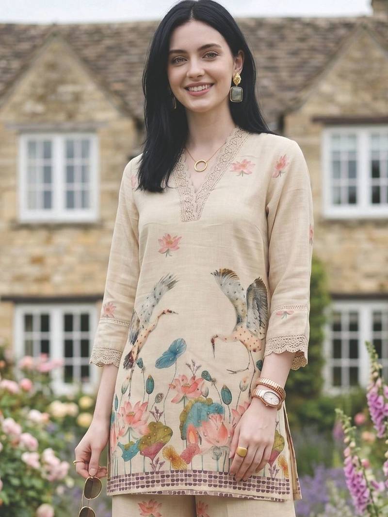Women Floral Printed Regular Sequinned Linen Kurta with Palazzos