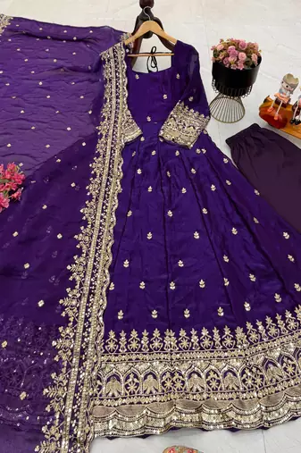 purple color sequin embroidery silk blend gown set