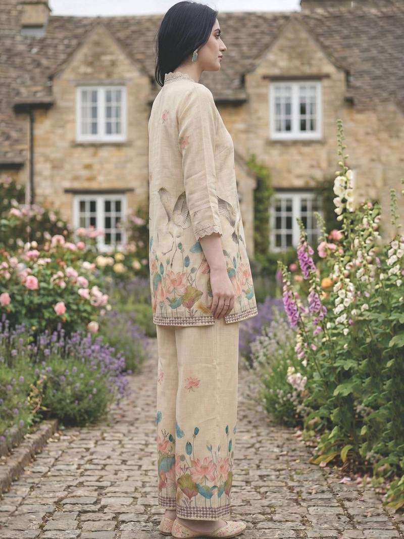 Women Floral Printed Regular Sequinned Linen Kurta with Palazzos