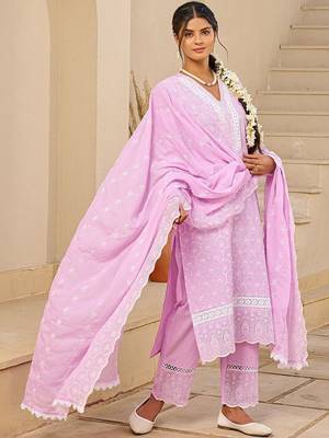 women ethnic motifs embroidered regular thread work  cotton kurta with trousers & with dupatta 1