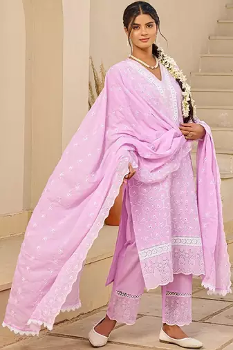 Women Ethnic Motifs Embroidered Regular Thread Work Pure Cotton Kurta with Trousers & With Dupatta