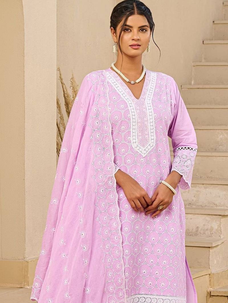 women ethnic motifs embroidered regular thread work  cotton kurta with trousers & with dupatta