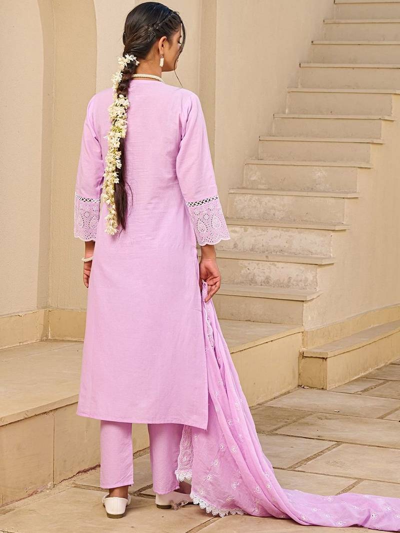 women ethnic motifs embroidered regular thread work  cotton kurta with trousers & with dupatta