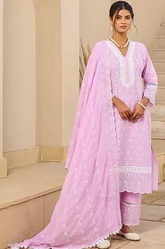 Women Ethnic Motifs Embroidered Regular Thread Work Pure Cotton Kurta with Trousers & With Dupatta