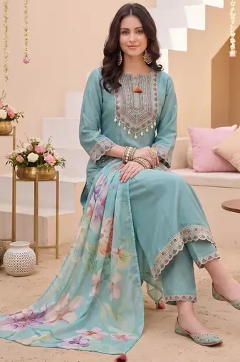 Women Ethnic Motifs Embroidered Regular Thread Work Kurta with Trousers & With Dupatta
