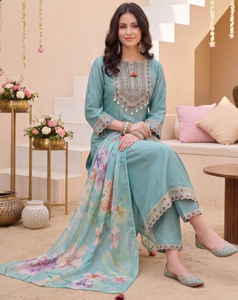 Women Ethnic Motifs Embroidered Regular Thread Work Kurta with Trousers & With Dupatta