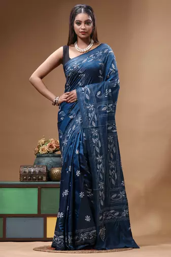 navy blue silk blend stitch saree with white handcrafted embroidery