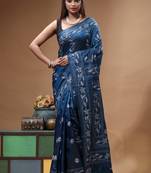 navy blue silk blend stitch saree with white handcrafted embroidery