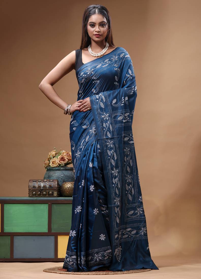 navy blue silk blend stitch saree with white handcrafted embroidery