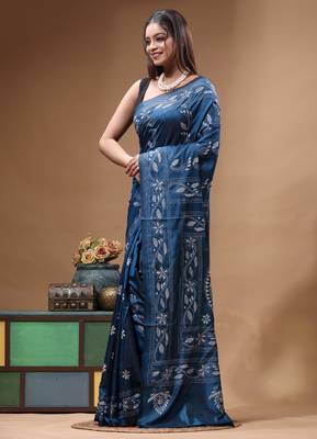 navy blue silk blend stitch saree with white handcrafted embroidery 2