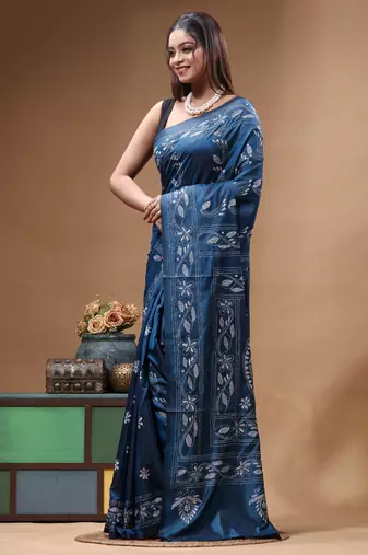 navy blue silk blend stitch saree with white handcrafted embroidery