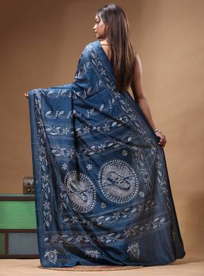 navy blue silk blend stitch saree with white handcrafted embroidery 3