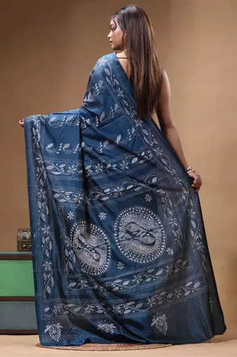 navy blue silk blend stitch saree with white handcrafted embroidery