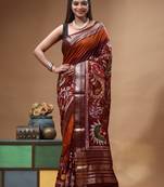 rust orange & maroon hand-painted silk blend saree with floral paisley print & golden zari border