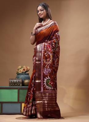 rust orange & maroon hand-painted silk blend saree with floral paisley print & golden zari border 2