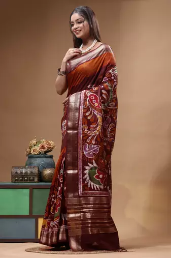rust orange & maroon hand-painted silk blend saree with floral paisley print & golden zari border