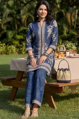 Women Paisley Printed Regular Mirror Work Silk Crepe Kurta with Palazzos