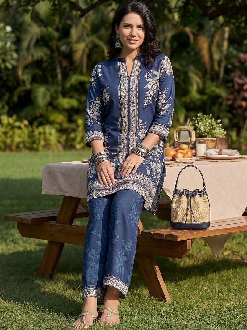 Women Paisley Printed Regular Mirror Work Silk Crepe Kurta with Palazzos