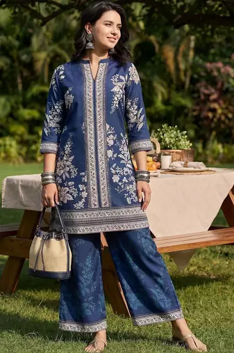 Women Paisley Printed Regular Mirror Work Silk Crepe Kurta with Palazzos