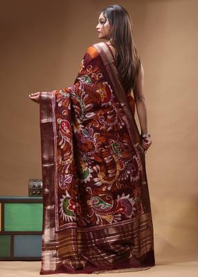 rust orange & maroon hand-painted silk blend saree with floral paisley print & golden zari border 3