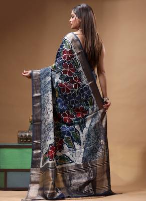 sky blue & navy blue hand-painted silk blend saree with floral batik print & golden zari border 3