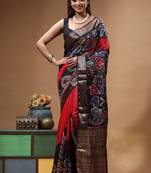 red & black hand-painted silk blend saree with multicolor floral motifs & golden zari border