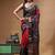 red & black hand-painted silk blend saree with multicolor floral motifs & golden zari border