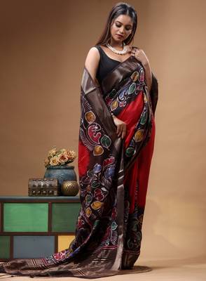 red & black hand-painted silk blend saree with multicolor floral motifs & golden zari border 2
