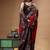 red & black hand-painted silk blend saree with multicolor floral motifs & golden zari border