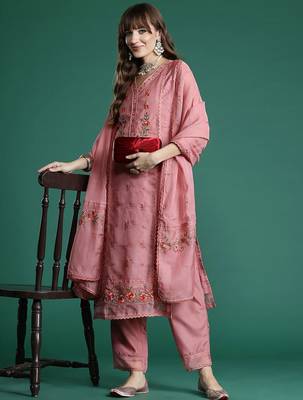 Floral Embroidered Thread Work Kurta with Trousers & With Dupatta 1