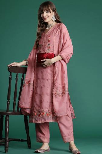 Floral Embroidered Thread Work Kurta with Trousers & With Dupatta
