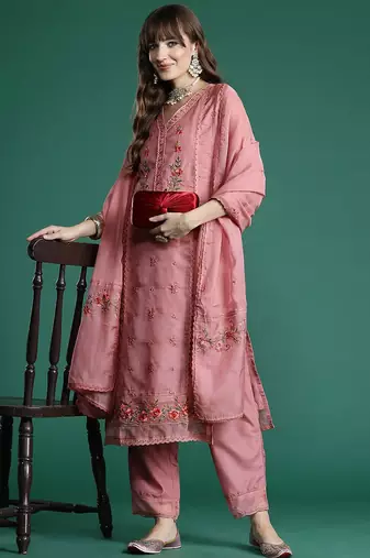 Floral Embroidered Thread Work Kurta with Trousers & With Dupatta