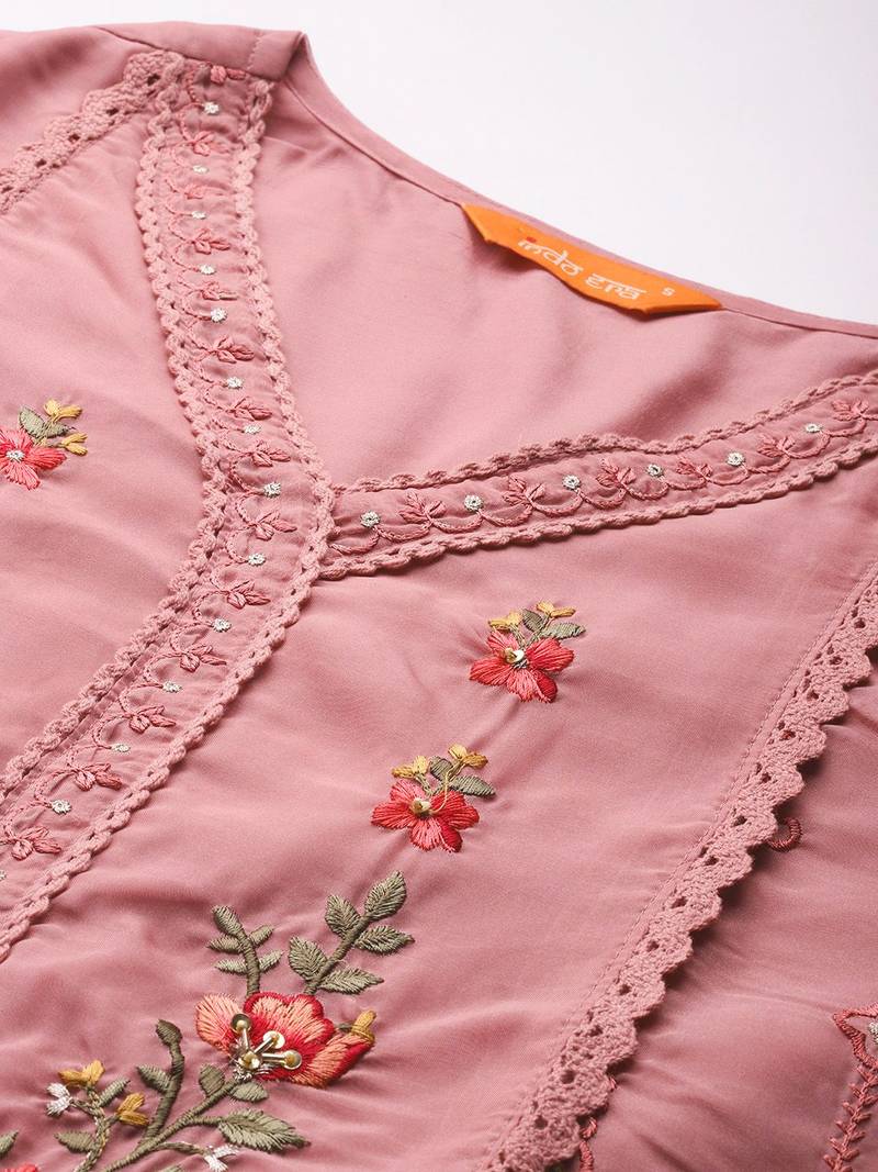 Floral Embroidered Thread Work Kurta with Trousers & With Dupatta