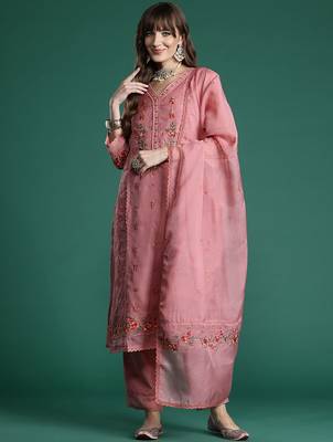 Floral Embroidered Thread Work Kurta with Trousers & With Dupatta 5